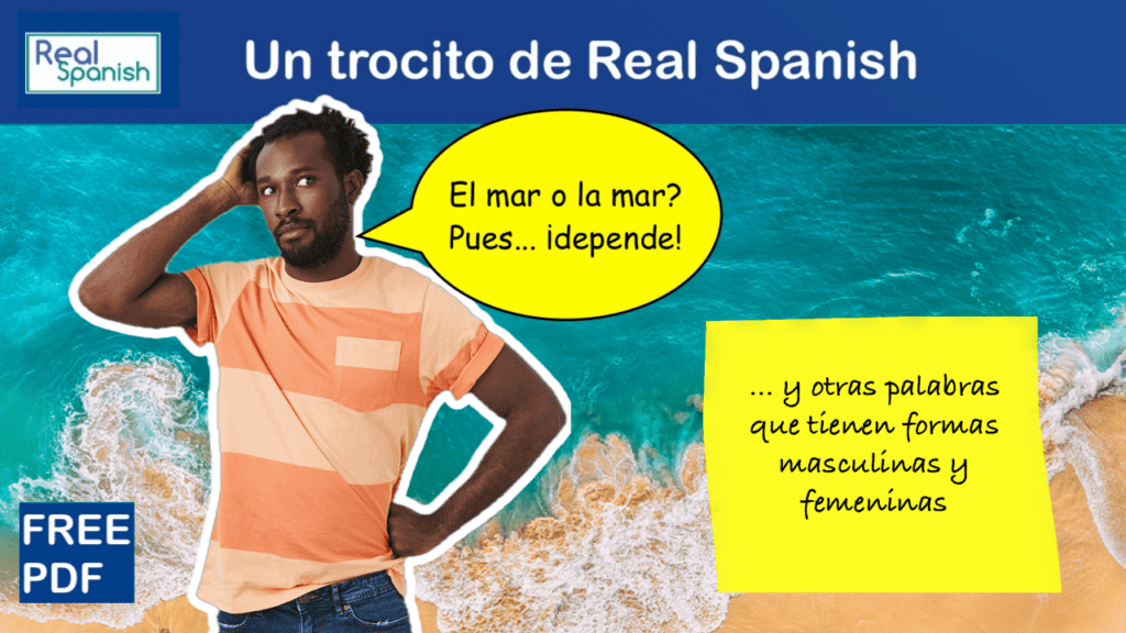 Man on seahsore looking puzled. Speech bubble: "¿El mar o la mar? Pues... ¡Depende!"