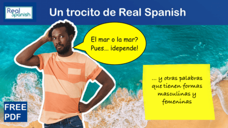Man on seahsore looking puzled. Speech bubble: "¿El mar o la mar? Pues... ¡Depende!"