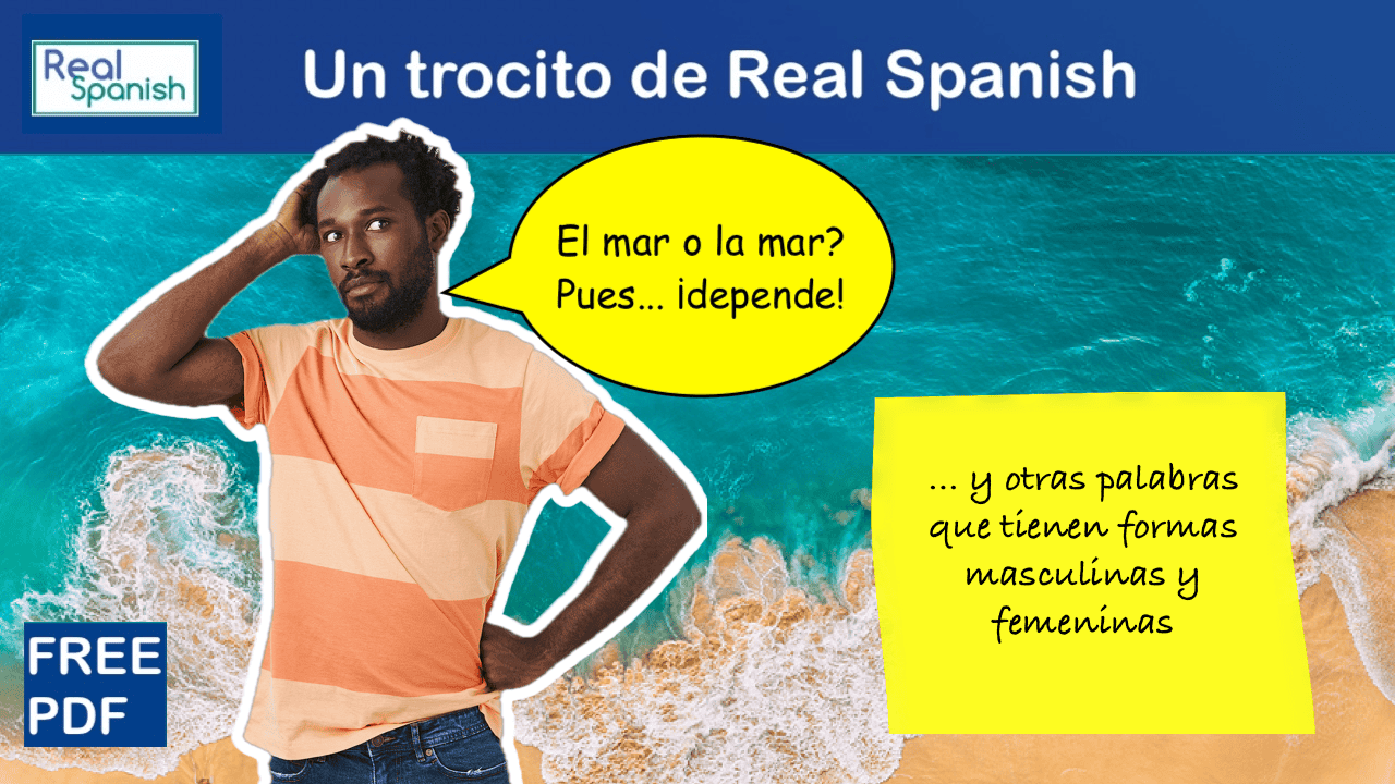 Man on seahsore looking puzled. Speech bubble: "¿El mar o la mar? Pues... ¡Depende!"